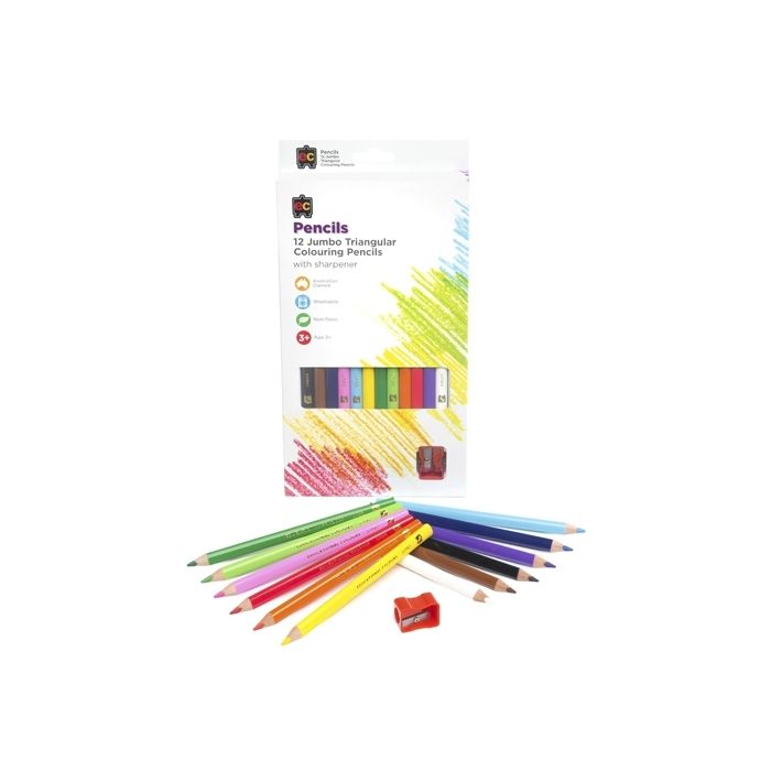 Jumbo Triangular Washable Pencils 12pc & Sharpener (Ages 3+)